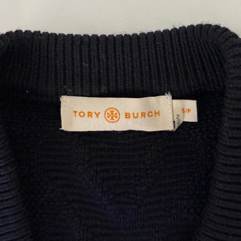 Tory Burch Navy Blue Merino Wool Cable Knit Zip Up Bomber Cardigan‎ Sweater S